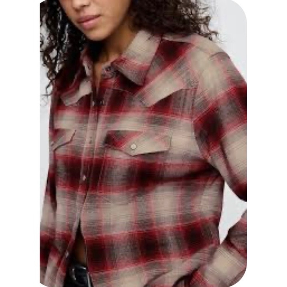 Gap Womens Flannel Western Shirt Red Plaid Snap Front XXL Tall Red Tan NWT